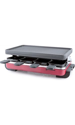 Swissmar KF-77046 Classic 1200-Watts Rectangular 8 Person Raclette with Reversible Cast Iron Gril Plate/Crepe Top, Red