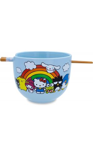 Silver Bufffalo Toynk Sanrio Hello Kitty and Friends Rainbow Ceramic Dinnerware Set, 20-Ounce Ramen Noodle Bowl and Wooden Chopsticks